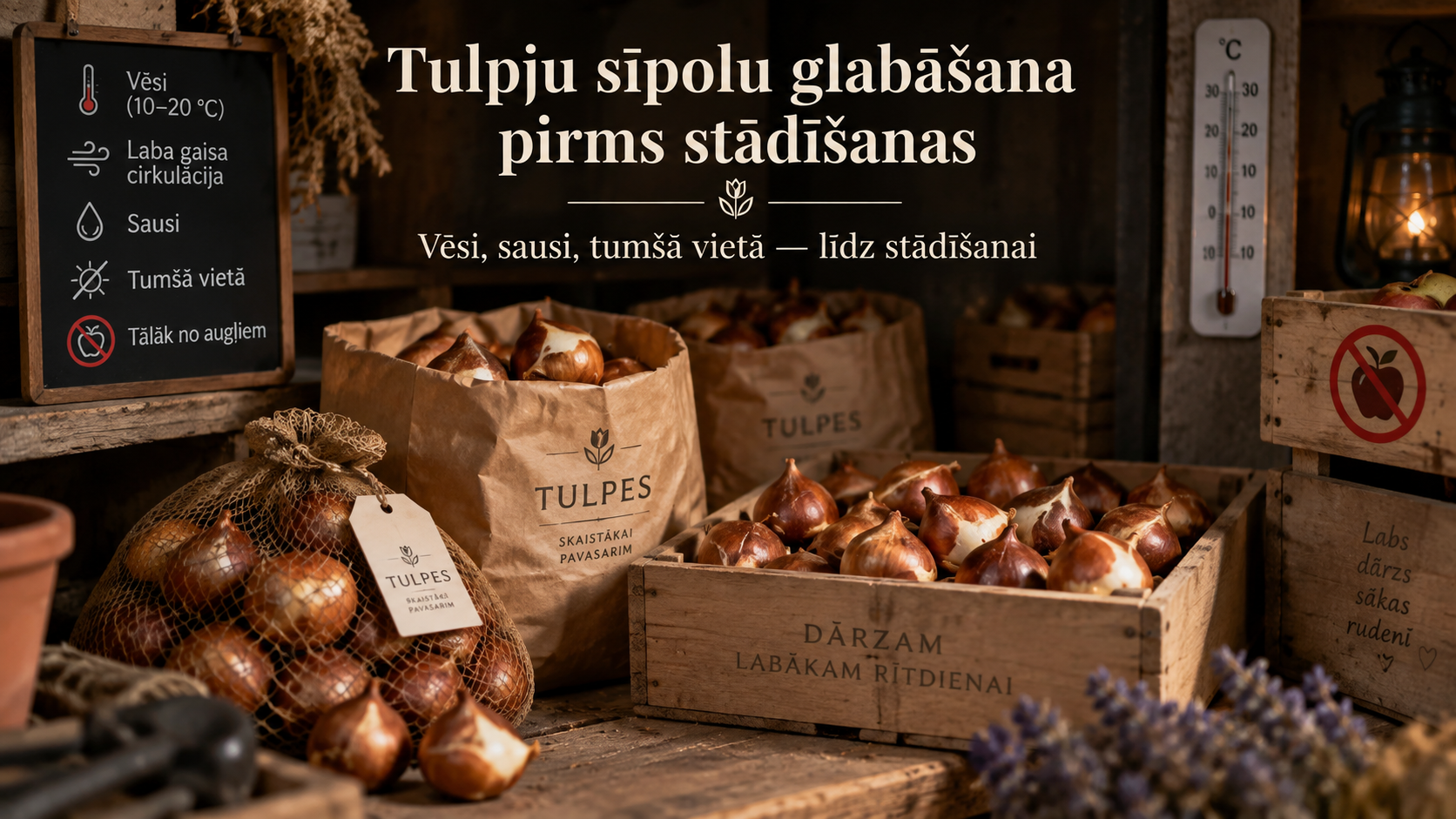 Tulpių svogūnėlių laikymas popieriniuose maišeliuose ir medinėse dėžėse iki rudeninio sodinimo